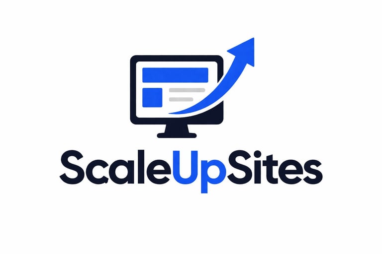 Scale Up Sites Logo featuring a computer monitor with an upward trending arrow and blue elements